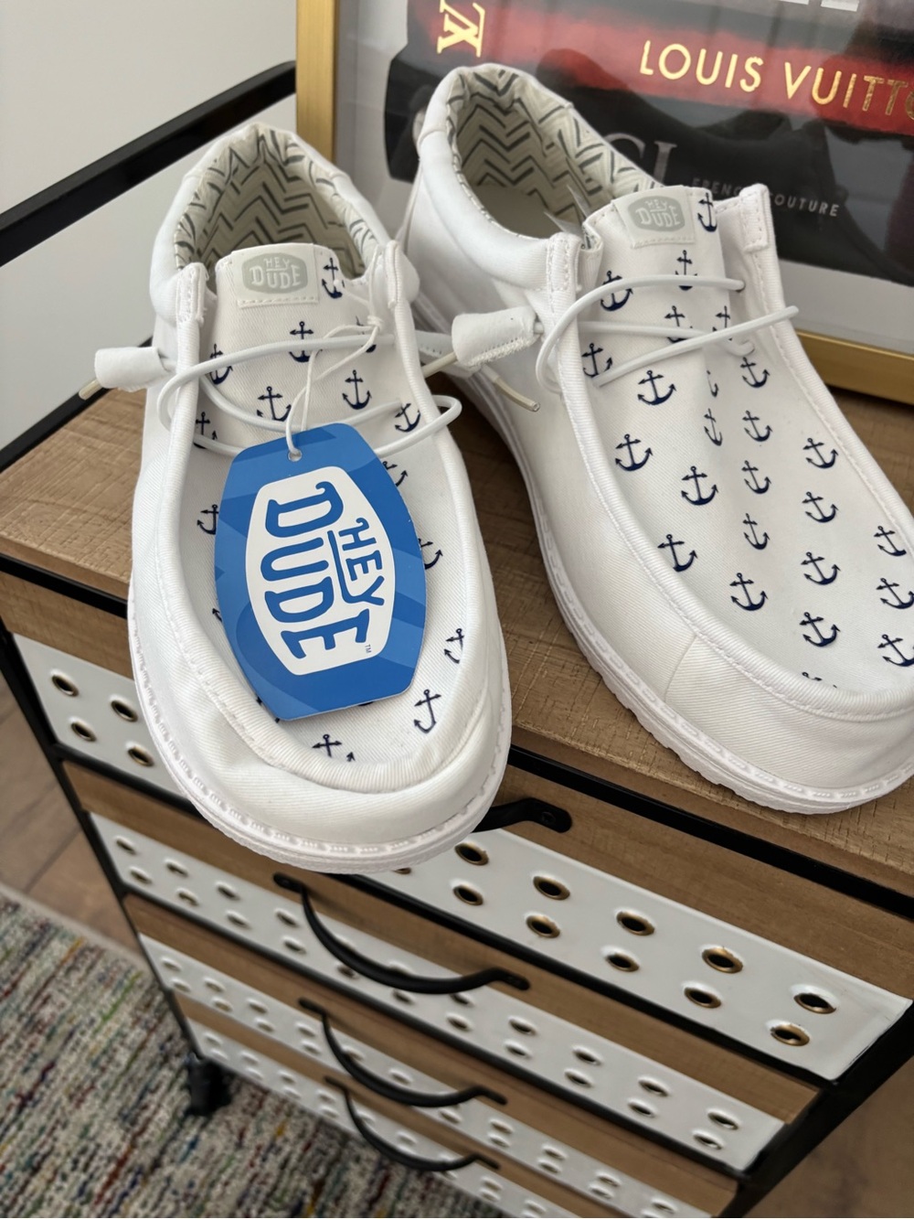 Hey Dude White Canvas shoes with Navy Anchor Print Men’s size 11